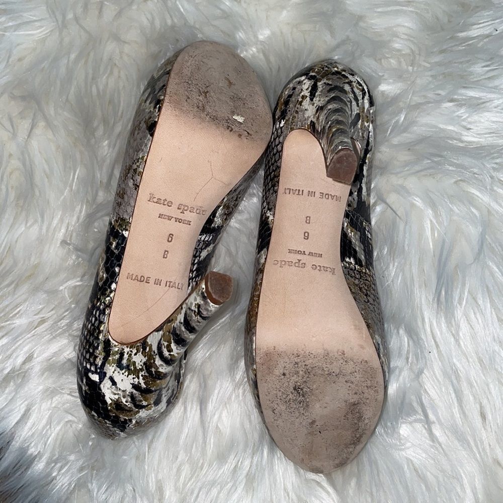 Kate Spade Leather Metallic Snakeskin Peep Toe Pumps - Picture 4 of 8